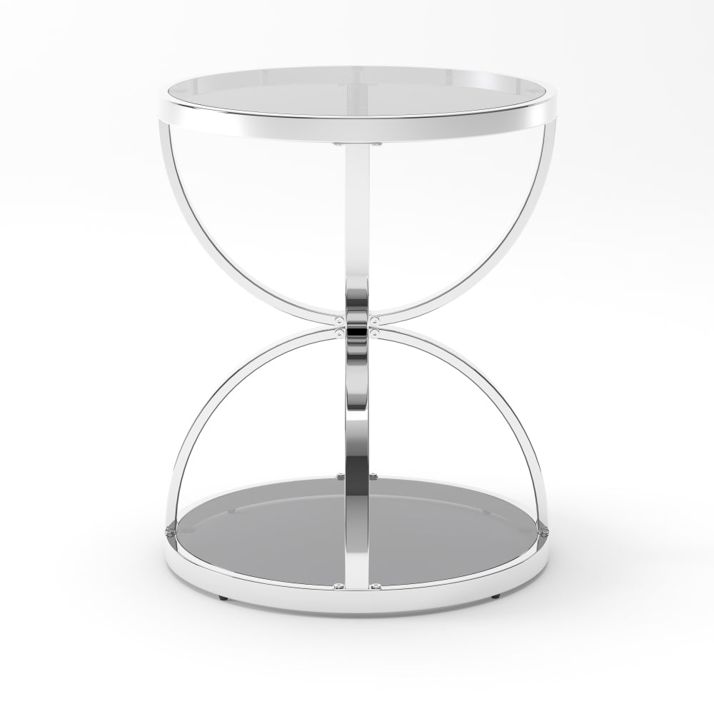 19.69" Modern Glass Side Table with 2 Tiers, Round Coffee Table in Silver & Gray Tempered Glass, Ring-Shaped Chrome Frame, End Table for Living Room, Bedroom, Office