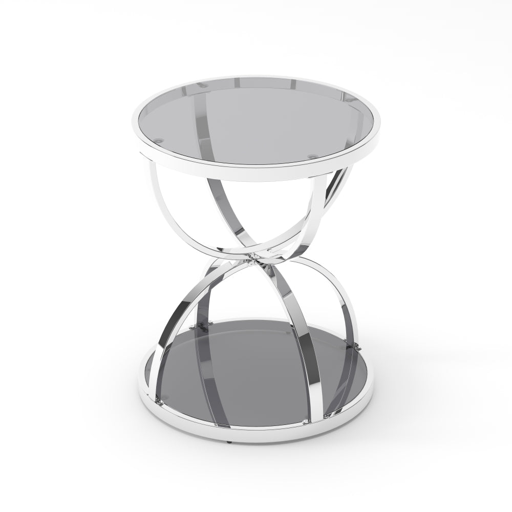 19.69" Modern Glass Side Table with 2 Tiers, Round Coffee Table in Silver & Gray Tempered Glass, Ring-Shaped Chrome Frame, End Table for Living Room, Bedroom, Office