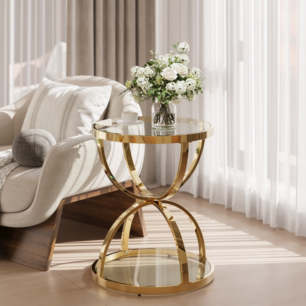 19.69'' Modern Glass Side Table with 2 Tiers, Ring-Shaped Frames, Gold Metal Frame & Clear Tempered Glass, Round Coffee Table for Living Room, Bedroom, Office