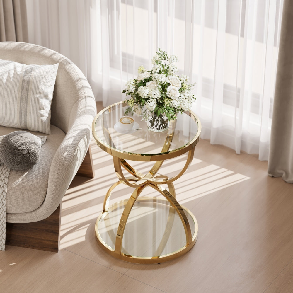 19.69'' Modern Glass Side Table with 2 Tiers, Ring-Shaped Frames, Gold Metal Frame & Clear Tempered Glass, Round Coffee Table for Living Room, Bedroom, Office