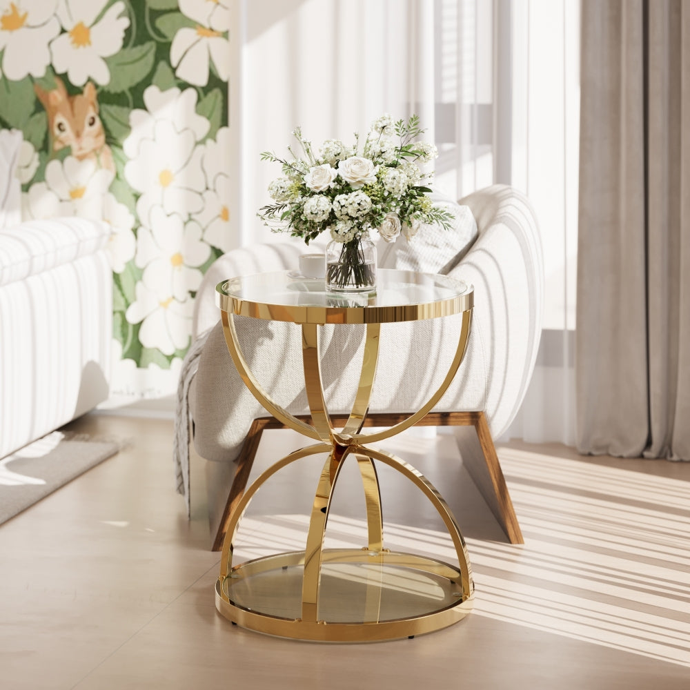 19.69'' Modern Glass Side Table with 2 Tiers, Ring-Shaped Frames, Gold Metal Frame & Clear Tempered Glass, Round Coffee Table for Living Room, Bedroom, Office