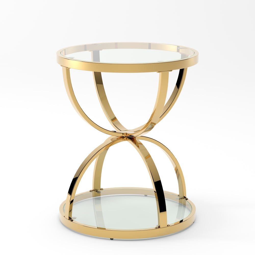 19.69'' Modern Glass Side Table with 2 Tiers, Ring-Shaped Frames, Gold Metal Frame & Clear Tempered Glass, Round Coffee Table for Living Room, Bedroom, Office