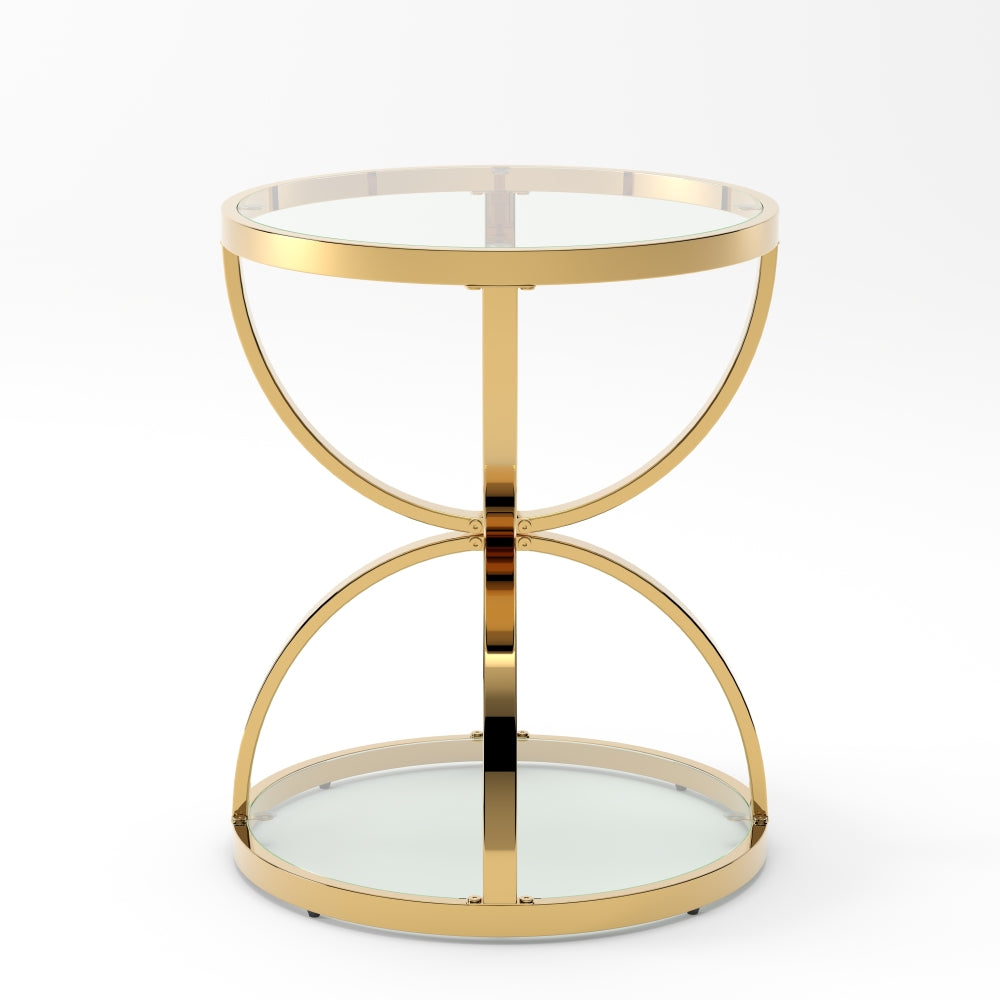 19.69'' Modern Glass Side Table with 2 Tiers, Ring-Shaped Frames, Gold Metal Frame & Clear Tempered Glass, Round Coffee Table for Living Room, Bedroom, Office