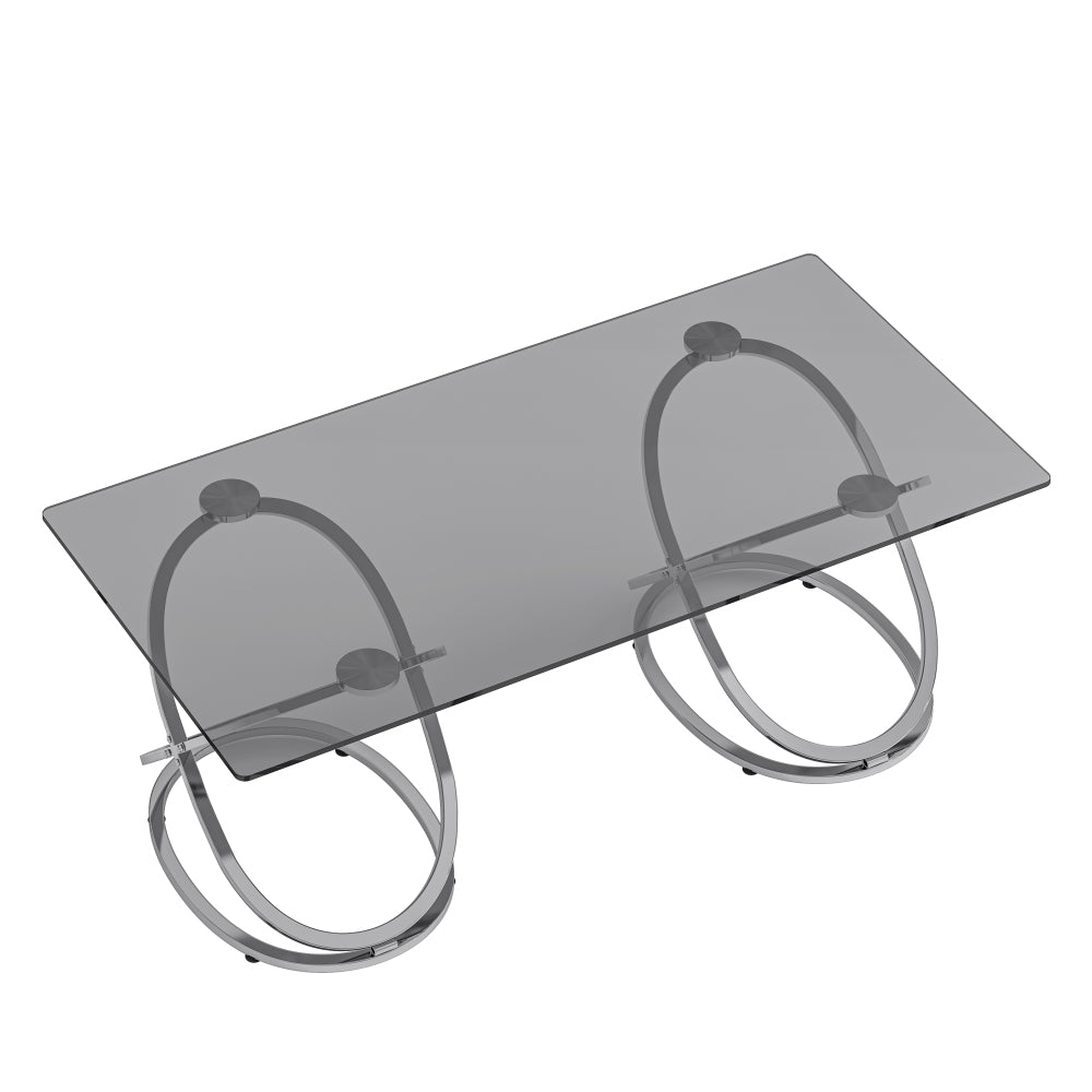 31.5'' Modern Rectangle Glass Coffee Table with Ring-Shaped Frames, Chrome Finish & Gray Tempered Glass, Luxury Center Table for Living Room, Bedroom, Office, Silver