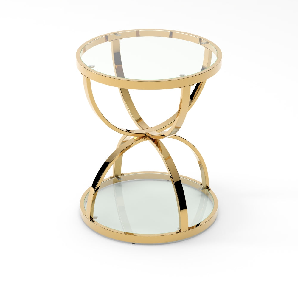 19.69'' Modern Glass Side Table with 2 Tiers, Ring-Shaped Frames, Gold Metal Frame & Clear Tempered Glass, Round Coffee Table for Living Room, Bedroom, Office