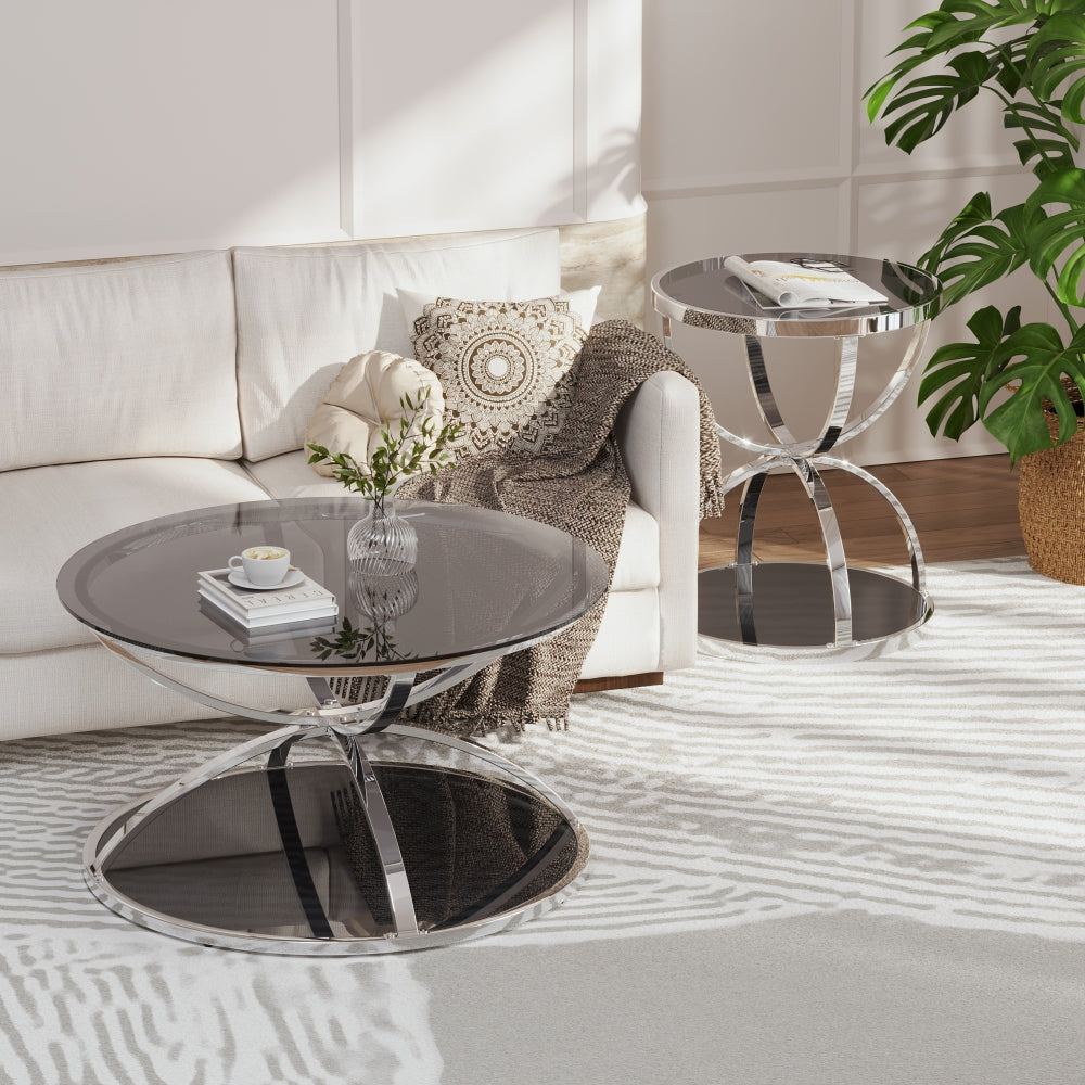Modern Glass Coffee Table Set of 2, Round 2-Tier Side Tables with Ring-Shaped Chrome Frame & Gray Tempered Glass, Living Room Coffee Table Set with Large & Small Table, Silver