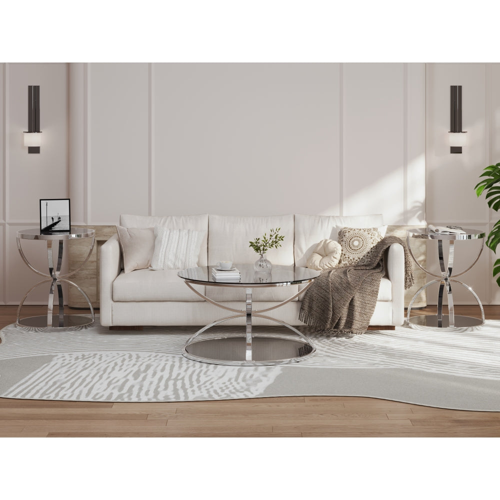 Modern Glass Coffee Table Set of 2, Round 2-Tier Side Tables with Ring-Shaped Chrome Frame & Gray Tempered Glass, Living Room Coffee Table Set with Large & Small Table, Silver