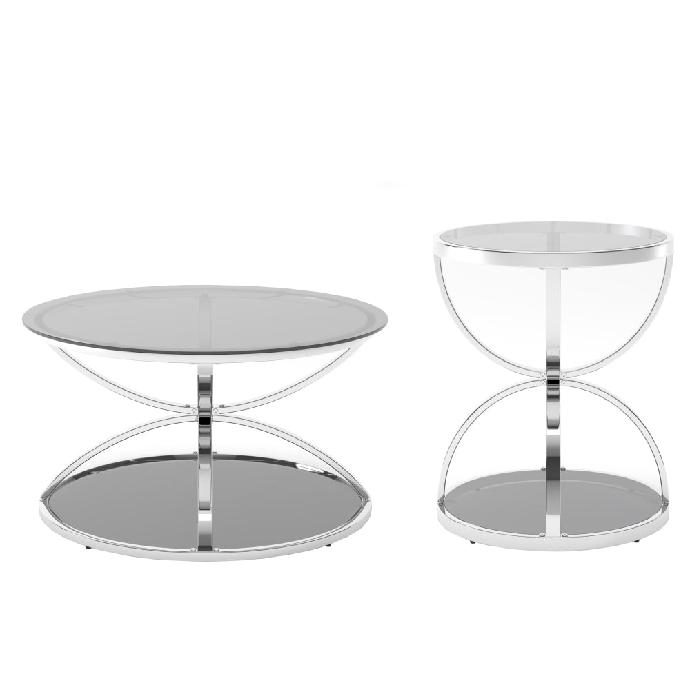 Modern Glass Coffee Table Set of 2, Round 2-Tier Side Tables with Ring-Shaped Chrome Frame & Gray Tempered Glass, Living Room Coffee Table Set with Large & Small Table, Silver