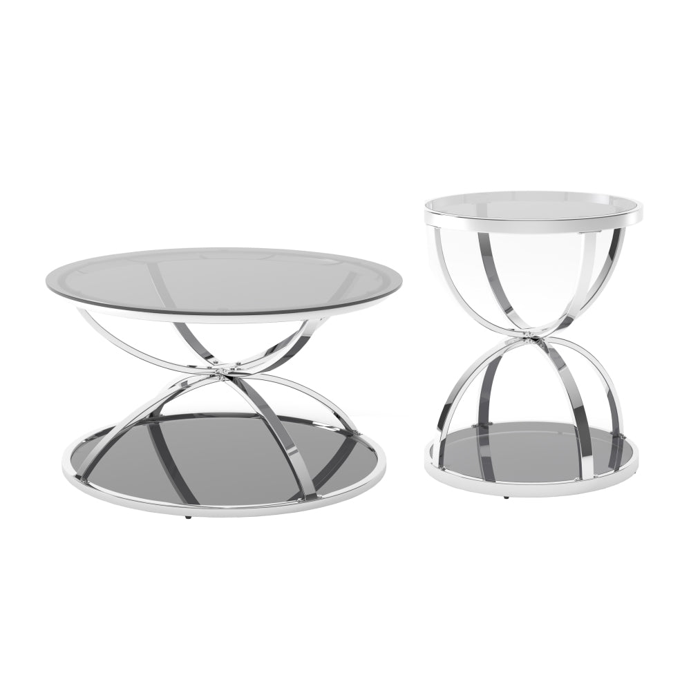 Modern Glass Coffee Table Set of 2, Round 2-Tier Side Tables with Ring-Shaped Chrome Frame & Gray Tempered Glass, Living Room Coffee Table Set with Large & Small Table, Silver