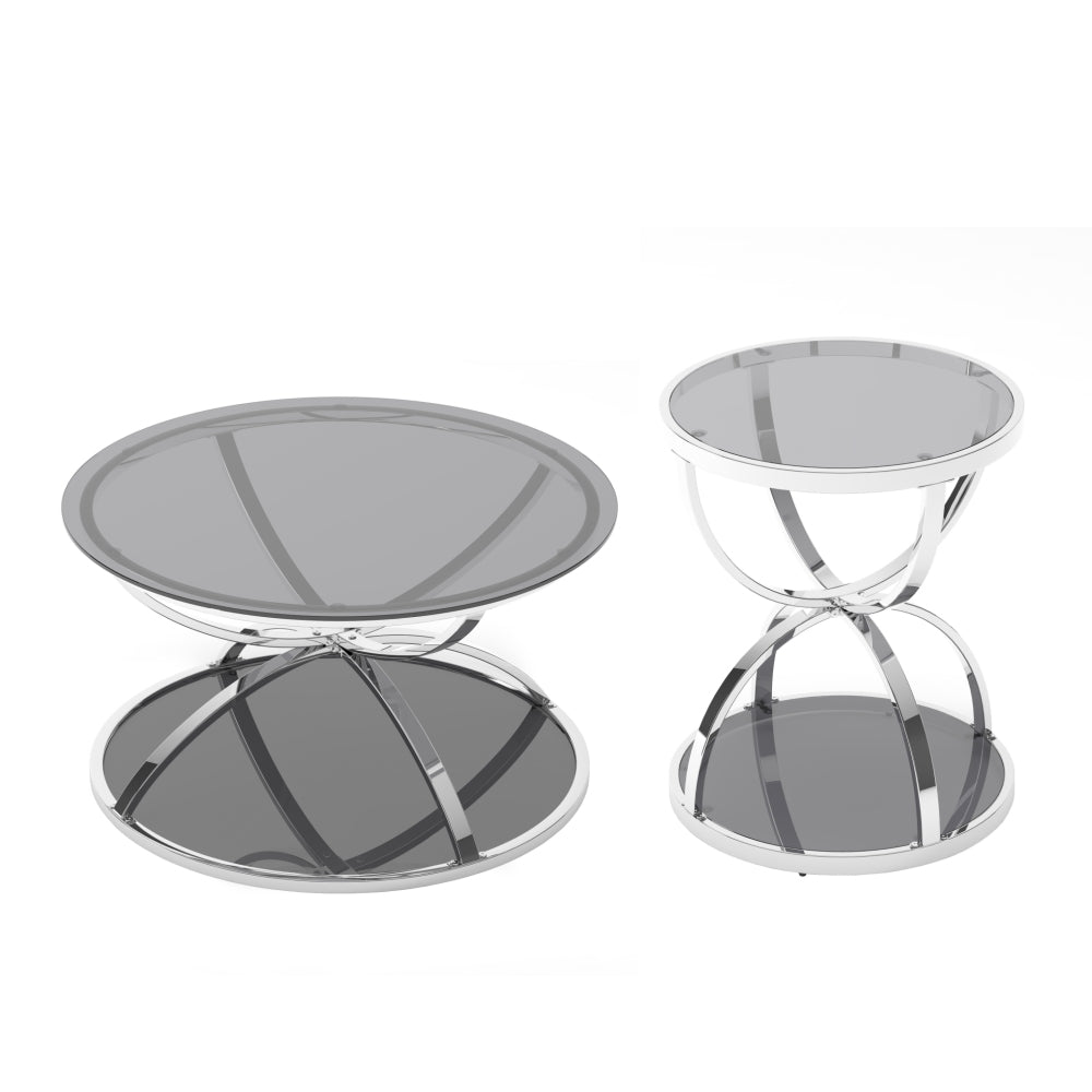 Modern Glass Coffee Table Set of 2, Round 2-Tier Side Tables with Ring-Shaped Chrome Frame & Gray Tempered Glass, Living Room Coffee Table Set with Large & Small Table, Silver