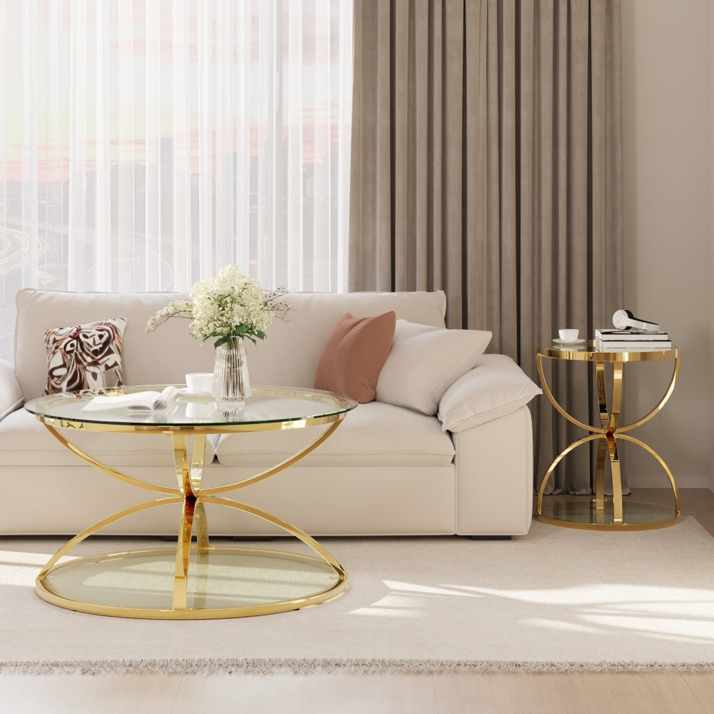Modern Glass Coffee Table Set with 2 Tiers, Ring-Shaped Frames, Metal Frame and Clear Tempered Glass, Round Coffee Table Set for Living Room, Bedroom and Office, Gold (Set of 2)