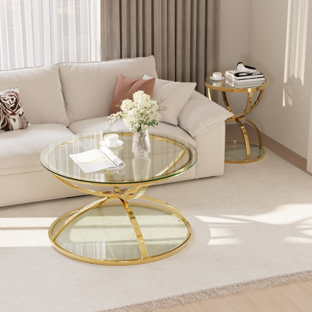 Modern Glass Coffee Table Set with 2 Tiers, Ring-Shaped Frames, Metal Frame and Clear Tempered Glass, Round Coffee Table Set for Living Room, Bedroom and Office, Gold (Set of 2)