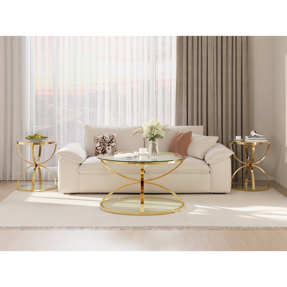 Modern Glass Coffee Table Set with 2 Tiers, Ring-Shaped Frames, Metal Frame and Clear Tempered Glass, Round Coffee Table Set for Living Room, Bedroom and Office, Gold (Set of 2)