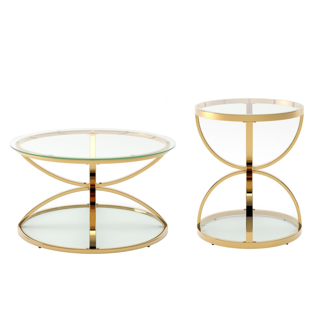 Modern Glass Coffee Table Set with 2 Tiers, Ring-Shaped Frames, Metal Frame and Clear Tempered Glass, Round Coffee Table Set for Living Room, Bedroom and Office, Gold (Set of 2)