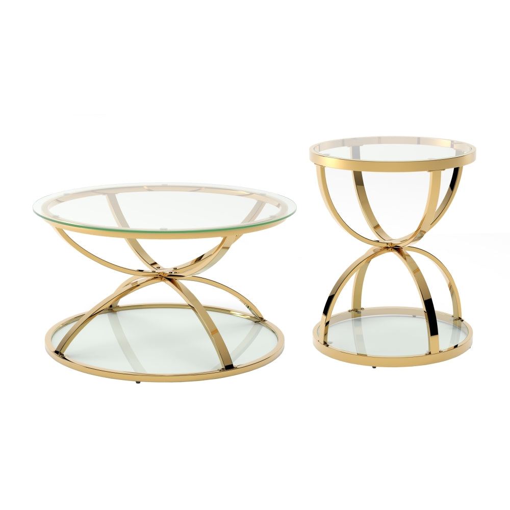 Modern Glass Coffee Table Set with 2 Tiers, Ring-Shaped Frames, Metal Frame and Clear Tempered Glass, Round Coffee Table Set for Living Room, Bedroom and Office, Gold (Set of 2)