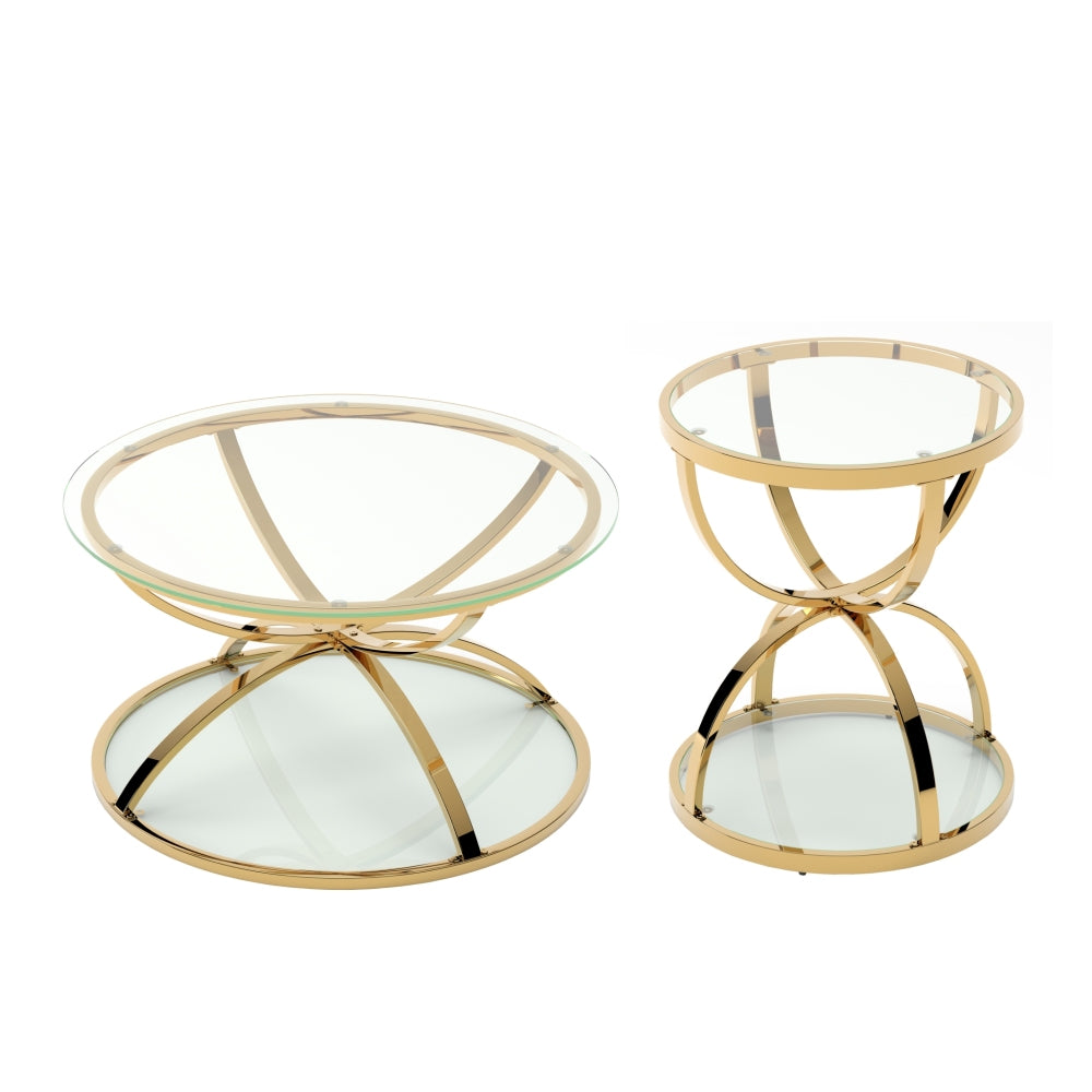 Modern Glass Coffee Table Set with 2 Tiers, Ring-Shaped Frames, Metal Frame and Clear Tempered Glass, Round Coffee Table Set for Living Room, Bedroom and Office, Gold (Set of 2)