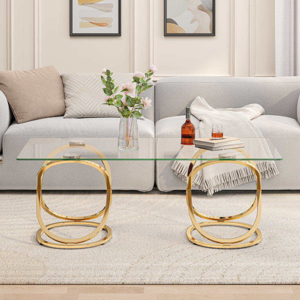 31.5'' Modern Rectangle Glass Coffee Table with Ring-Shaped Frames, Gold Metal Frame & Clear Tempered Glass, Luxury Center Table for Living Room, Bedroom, Office, Gold