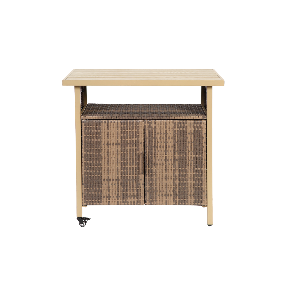 Beige Outdoor Wicker Bar Cart, Patio Rolling Rattan Serving Cart with Wheels, 51 Inch Steel Frame Portable Beverage Counter Glass Top for Garden Poolside Party,