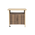 Beige Outdoor Wicker Bar Cart, Patio Rolling Rattan Serving Cart with Wheels, 51 Inch Steel Frame Portable Beverage Counter Glass Top for Garden Poolside Party,