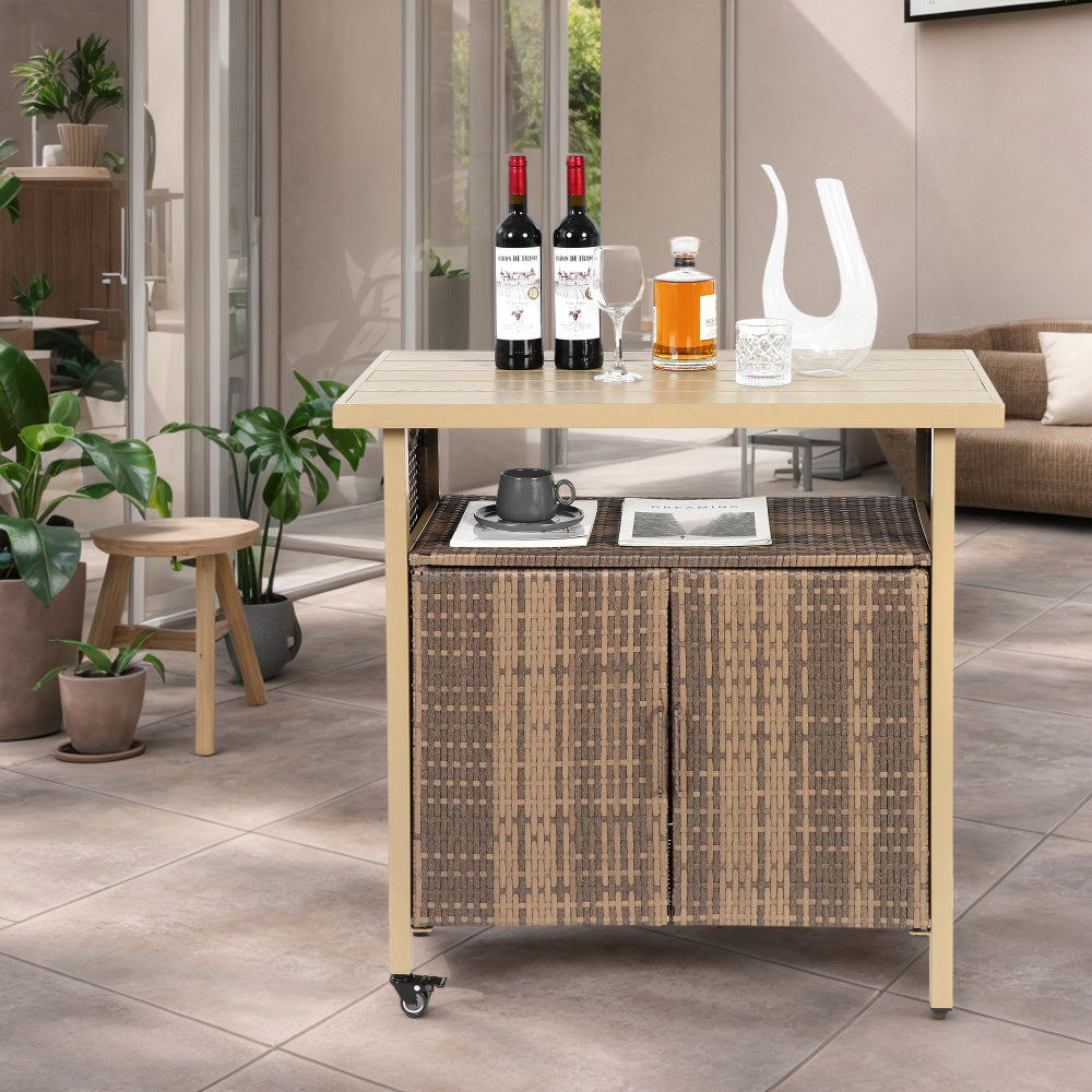 Beige Outdoor Wicker Bar Cart, Patio Rolling Rattan Serving Cart with Wheels, 51 Inch Steel Frame Portable Beverage Counter Glass Top for Garden Poolside Party,