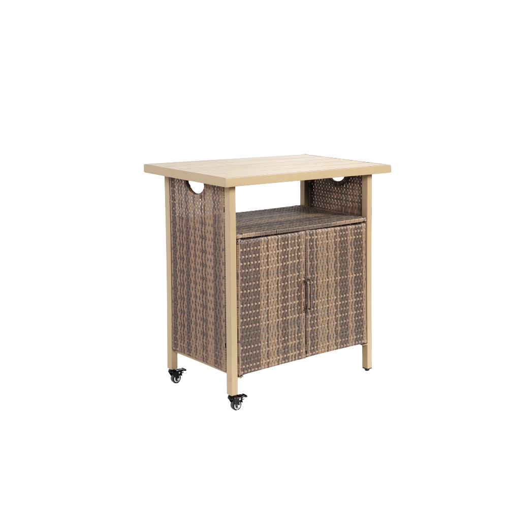 Beige Outdoor Wicker Bar Cart, Patio Rolling Rattan Serving Cart with Wheels, 51 Inch Steel Frame Portable Beverage Counter Glass Top for Garden Poolside Party,