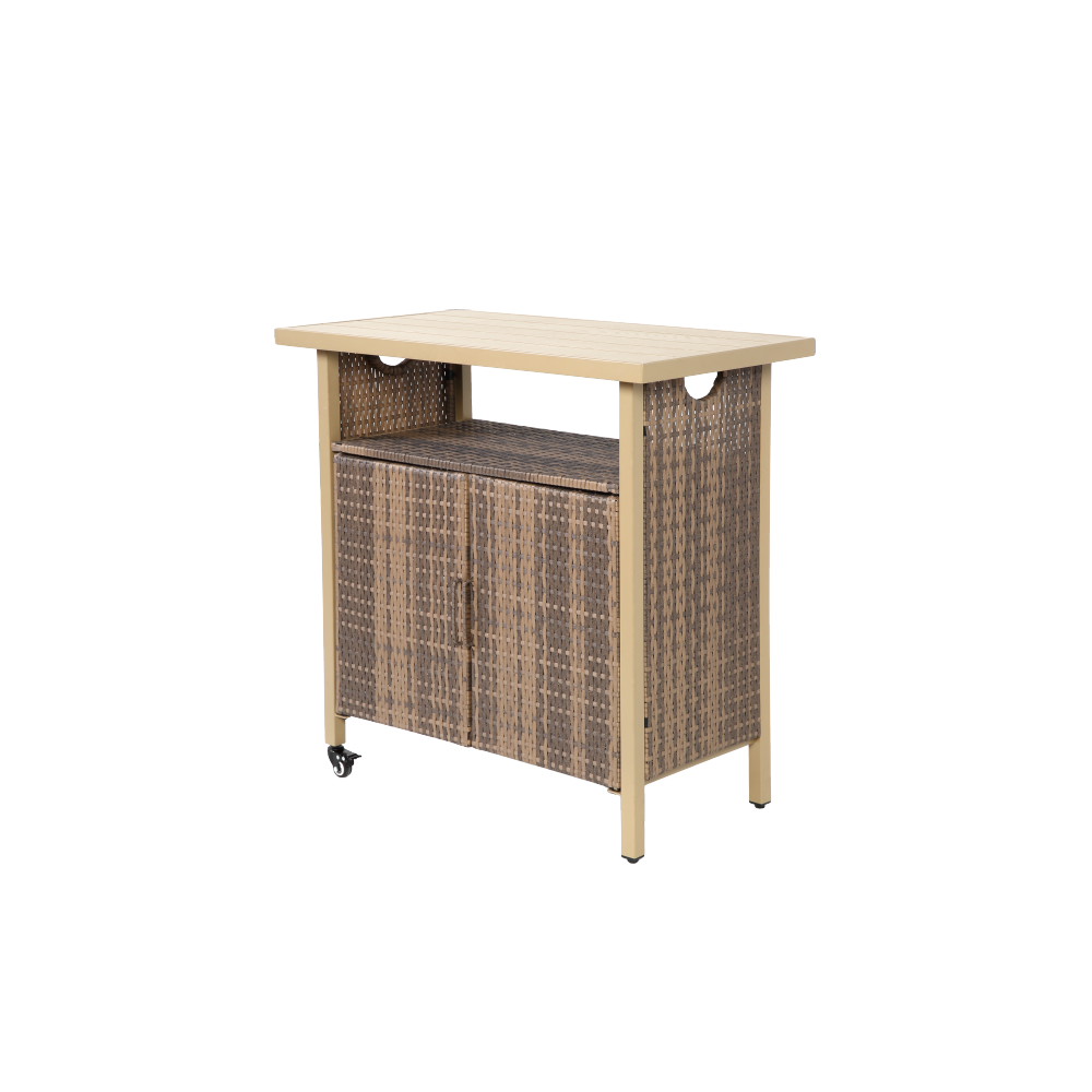 Beige Outdoor Wicker Bar Cart, Patio Rolling Rattan Serving Cart with Wheels, 51 Inch Steel Frame Portable Beverage Counter Glass Top for Garden Poolside Party,