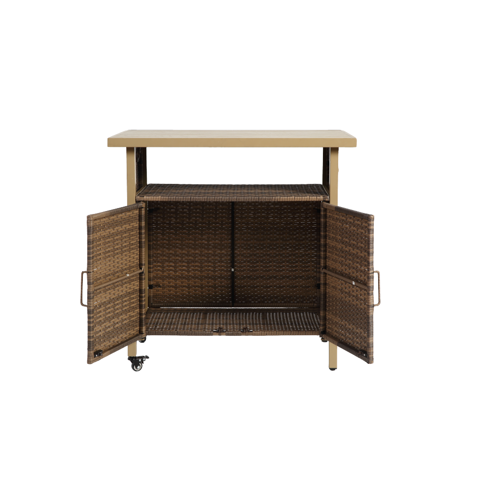 Beige Outdoor Wicker Bar Cart, Patio Rolling Rattan Serving Cart with Wheels, 51 Inch Steel Frame Portable Beverage Counter Glass Top for Garden Poolside Party,