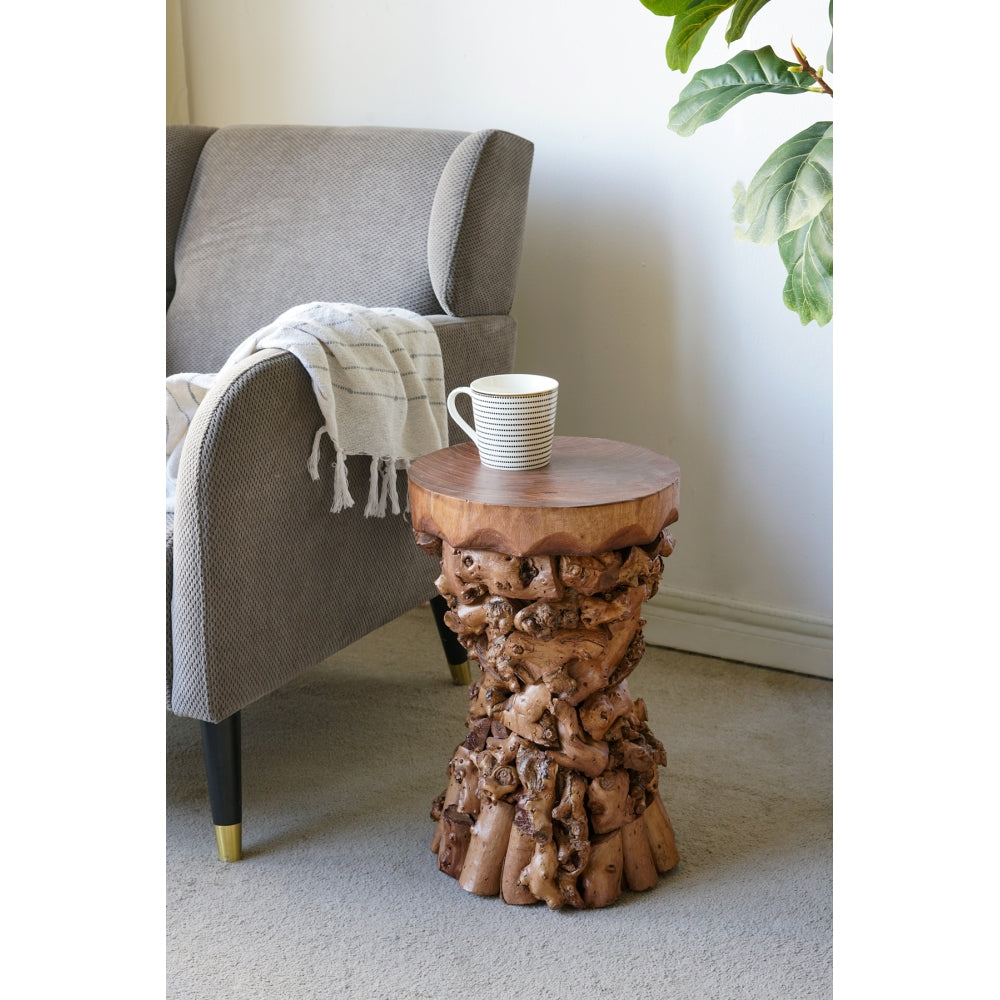 12" Square Organic Root Accent End Table - Solid Mulberry Wood, 18.9" Tall Nightstand for Living Room, Bedroom Rustic Brown Tree Root Base | 70% Mulberry + 30% Paulownia Wood | Sturdy 15.4 lbs Small Side Table for Boho, Wabi-Sabi Decor