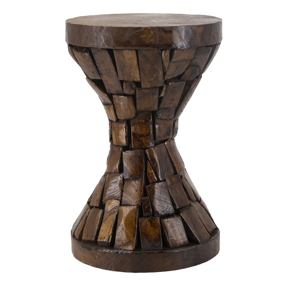 Hourglass Side Table 11.8x11.8x18.1, Rustic Brown Mosaic End Table, Solid Paulownia Wood Small Accent Table for Living Room, Bedroom, Boho Decor