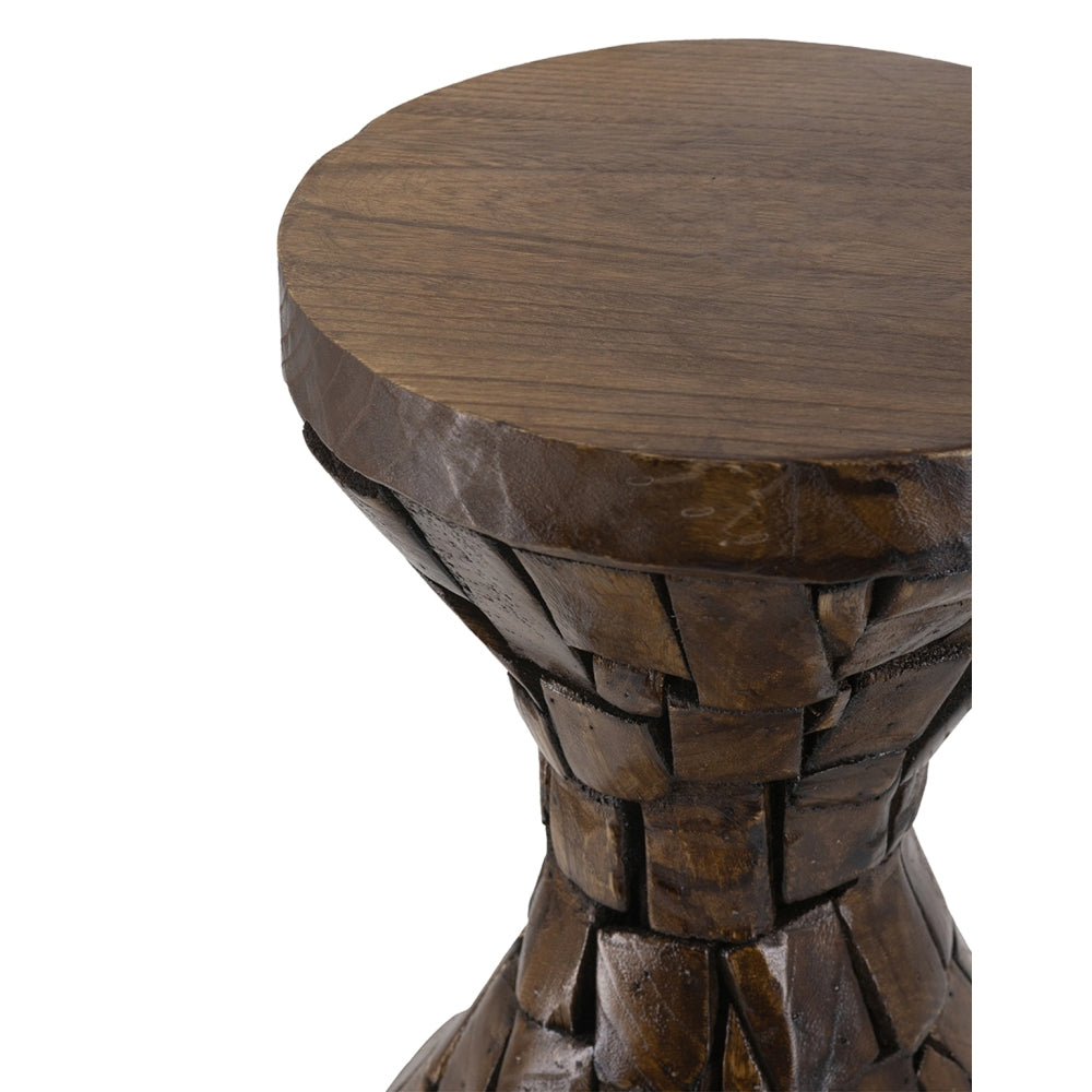 Hourglass Side Table 11.8x11.8x18.1, Rustic Brown Mosaic End Table, Solid Paulownia Wood Small Accent Table for Living Room, Bedroom, Boho Decor