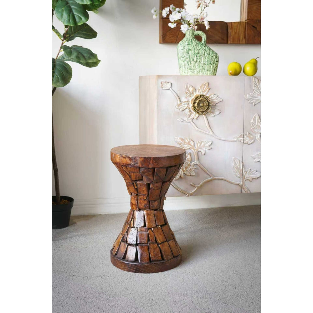 Hourglass Side Table 11.8x11.8x18.1, Rustic Brown Mosaic End Table, Solid Paulownia Wood Small Accent Table for Living Room, Bedroom, Boho Decor
