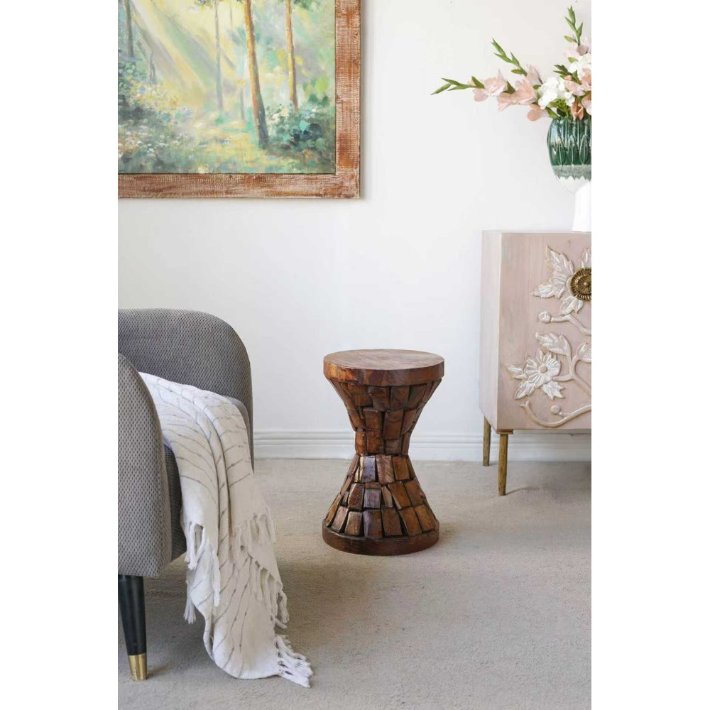 Hourglass Side Table 11.8x11.8x18.1, Rustic Brown Mosaic End Table, Solid Paulownia Wood Small Accent Table for Living Room, Bedroom, Boho Decor