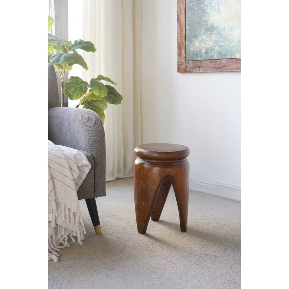 Carved 100% Paulownia Wood Accent Table | 11x11x16.5 Inch Small End Table with Natural Brown Finish | Lightweight Round Side Table for Living Room, Bedroom, Boho, Farmhouse Decor