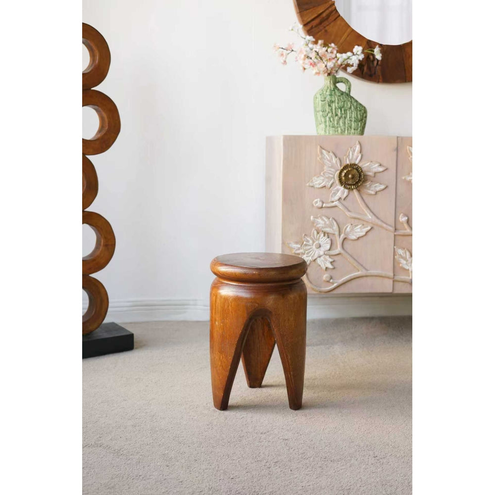 Carved 100% Paulownia Wood Accent Table | 11x11x16.5 Inch Small End Table with Natural Brown Finish | Lightweight Round Side Table for Living Room, Bedroom, Boho, Farmhouse Decor
