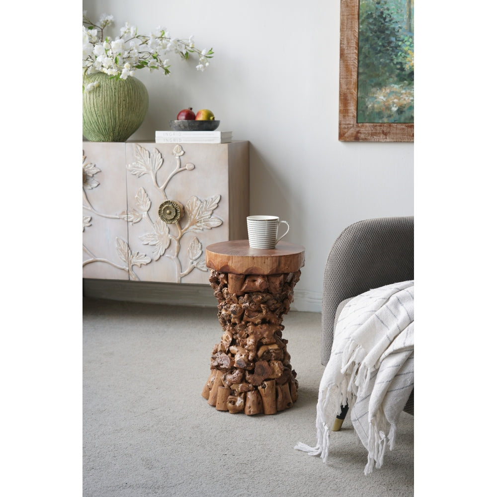 12" Square Organic Root Accent End Table - Solid Mulberry Wood, 18.9" Tall Nightstand for Living Room, Bedroom Rustic Brown Tree Root Base | 70% Mulberry + 30% Paulownia Wood | Sturdy 15.4 lbs Small Side Table for Boho, Wabi-Sabi Decor