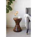 Hourglass Side Table 11.8x11.8x18.1, Rustic Brown Mosaic End Table, Solid Paulownia Wood Small Accent Table for Living Room, Bedroom, Boho Decor