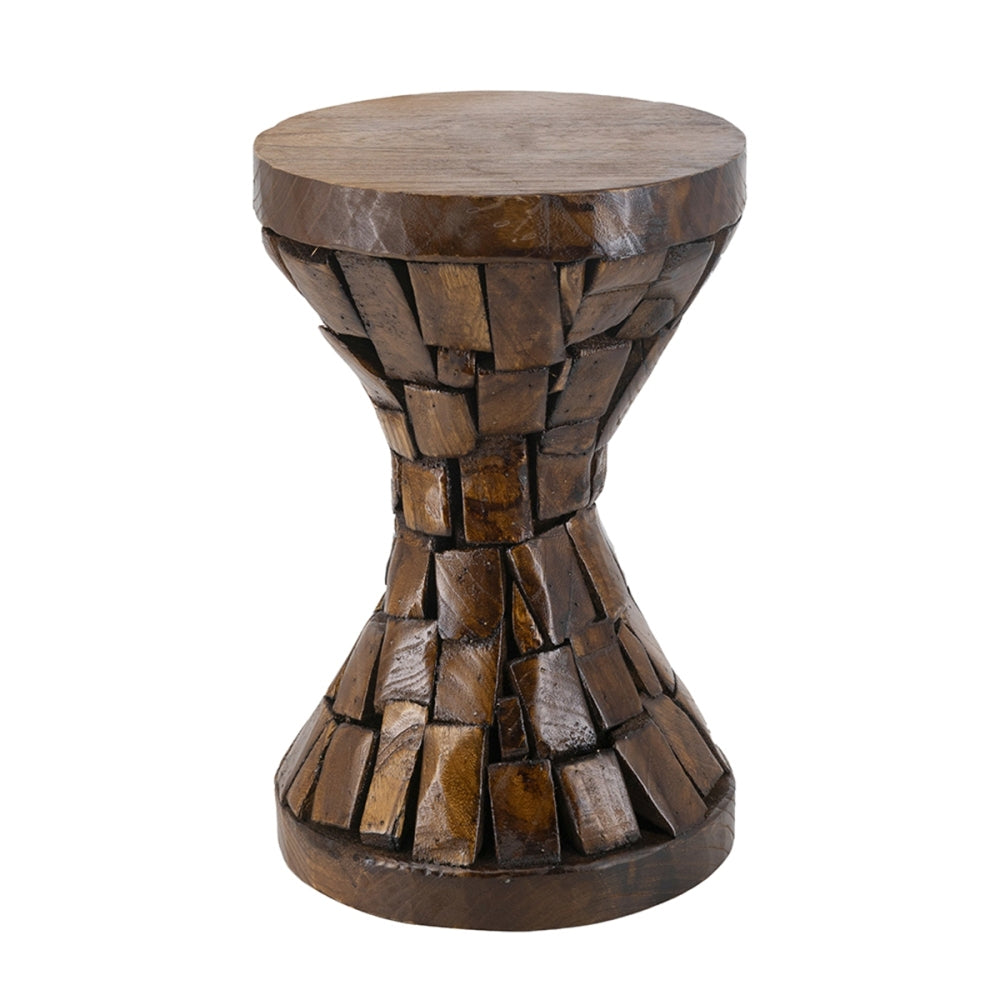 Hourglass Side Table 11.8x11.8x18.1, Rustic Brown Mosaic End Table, Solid Paulownia Wood Small Accent Table for Living Room, Bedroom, Boho Decor