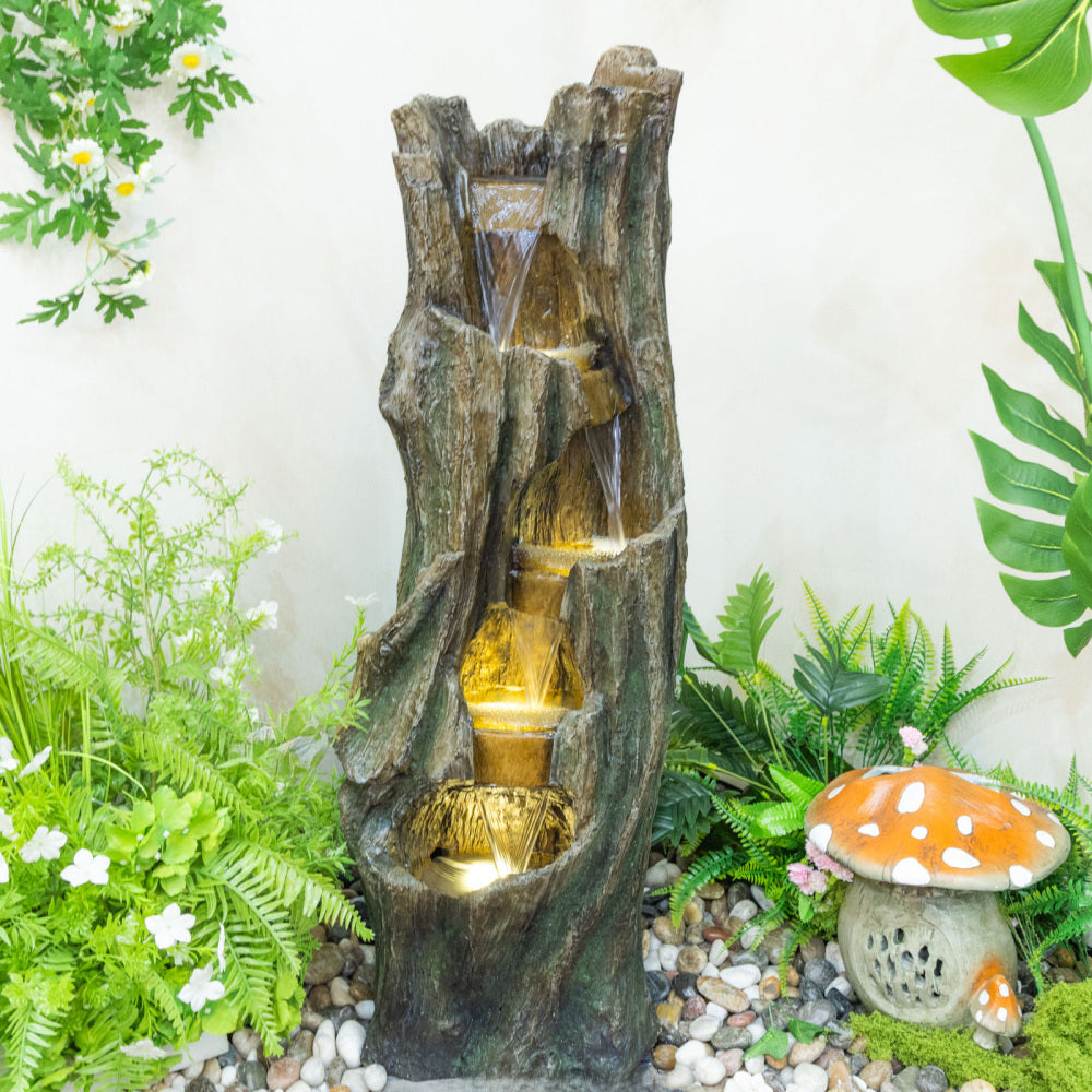 Outdoor Water Fountain with LED Lights, 39.4in Tall Resin Waterfall Fountain for Garden Patio Yard, Energy-Efficient Freestanding Tree Design Outdoor Decor for Relaxation