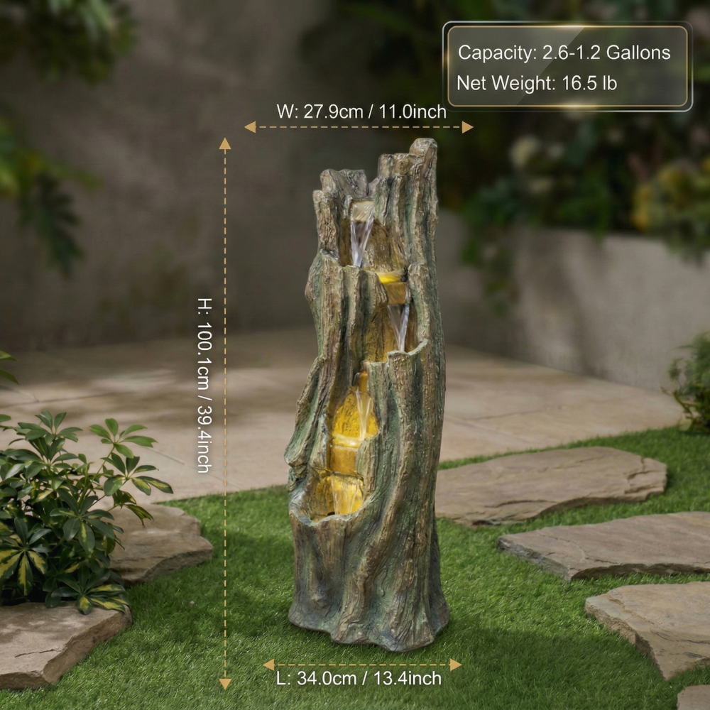 Outdoor Water Fountain with LED Lights, 39.4in Tall Resin Waterfall Fountain for Garden Patio Yard, Energy-Efficient Freestanding Tree Design Outdoor Decor for Relaxation