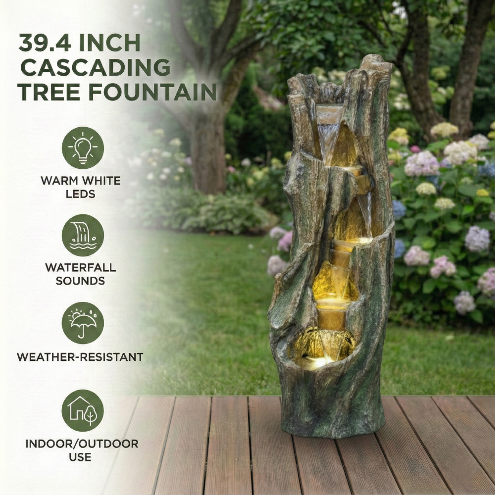 Outdoor Water Fountain with LED Lights, 39.4in Tall Resin Waterfall Fountain for Garden Patio Yard, Energy-Efficient Freestanding Tree Design Outdoor Decor for Relaxation