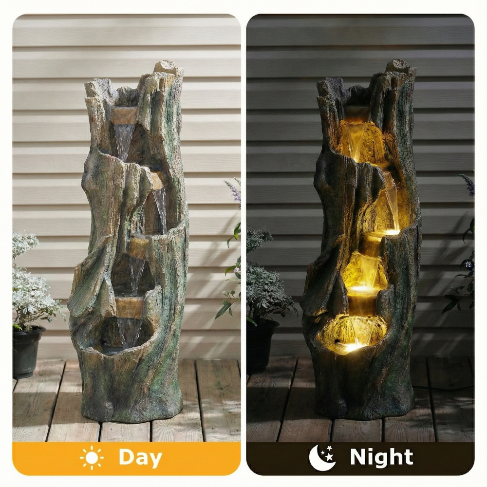 Outdoor Water Fountain with LED Lights, 39.4in Tall Resin Waterfall Fountain for Garden Patio Yard, Energy-Efficient Freestanding Tree Design Outdoor Decor for Relaxation