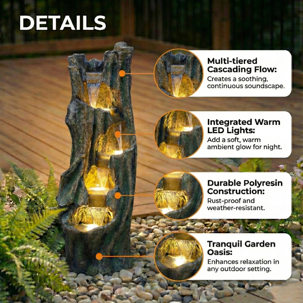 Outdoor Water Fountain with LED Lights, 39.4in Tall Resin Waterfall Fountain for Garden Patio Yard, Energy-Efficient Freestanding Tree Design Outdoor Decor for Relaxation