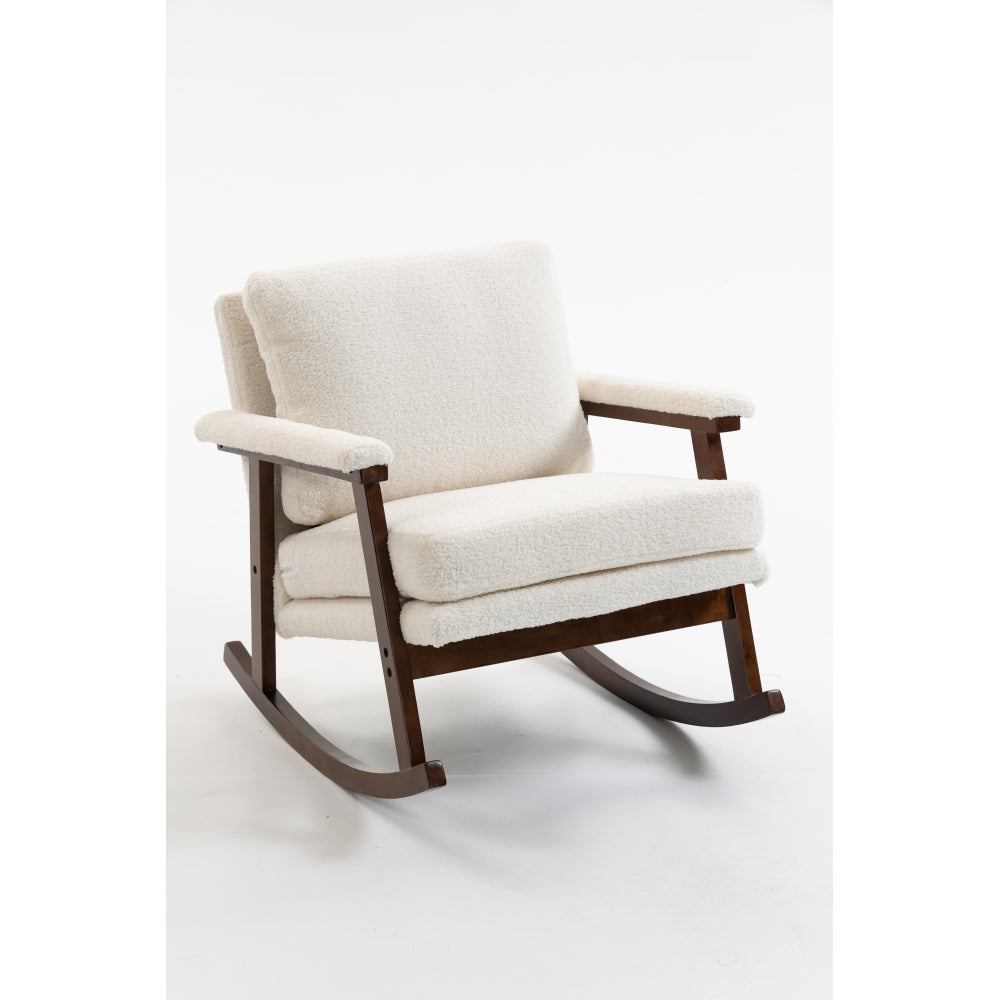 Mid Century Modern Accent Rocking Chair with Wood Frame, Upholstered Velvet Living Room Armchair, High Back Reading Chair for Bedroom, Sunroom & Nursery, Antique White