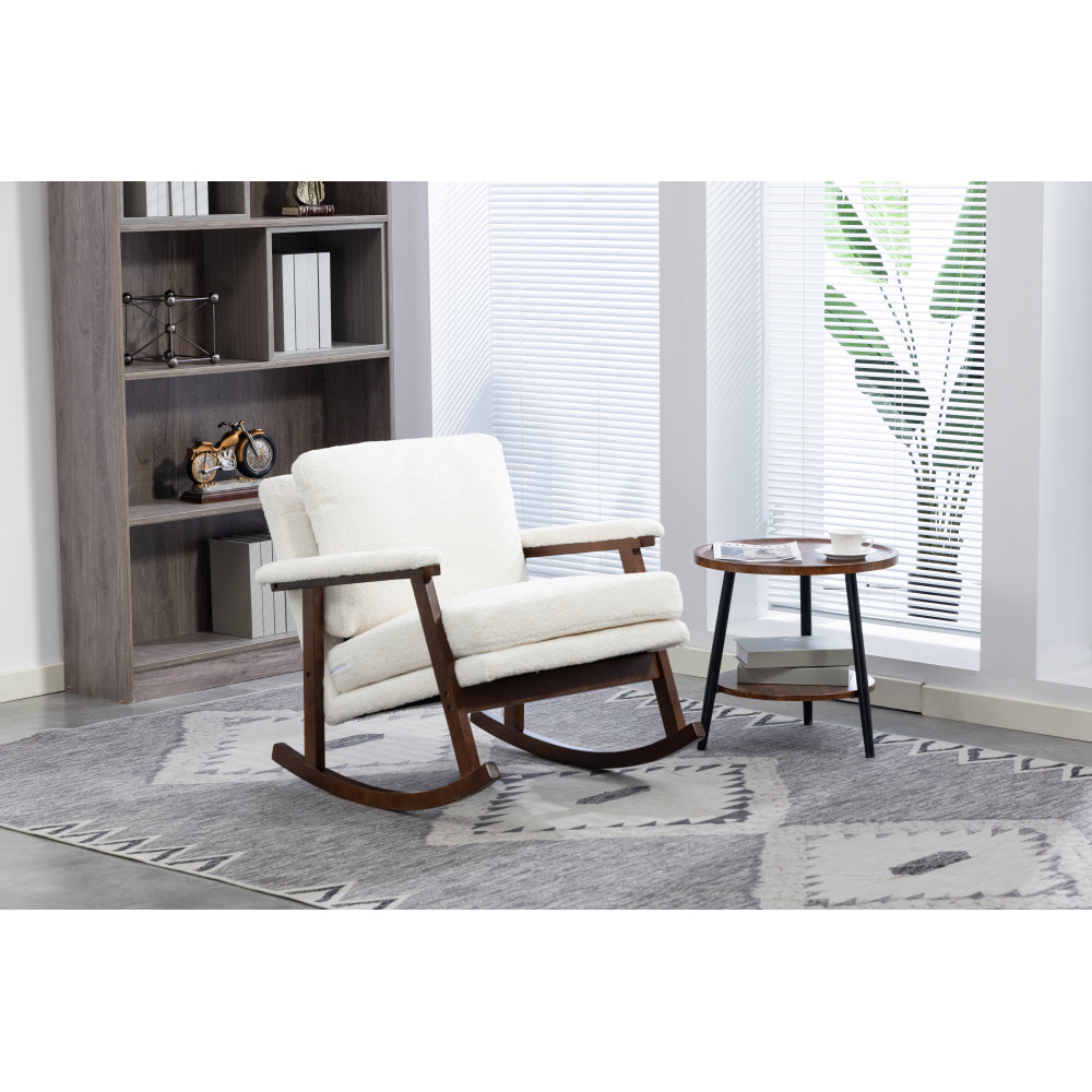 Mid Century Modern Accent Rocking Chair with Wood Frame, Upholstered Velvet Living Room Armchair, High Back Reading Chair for Bedroom, Sunroom & Nursery, Antique White
