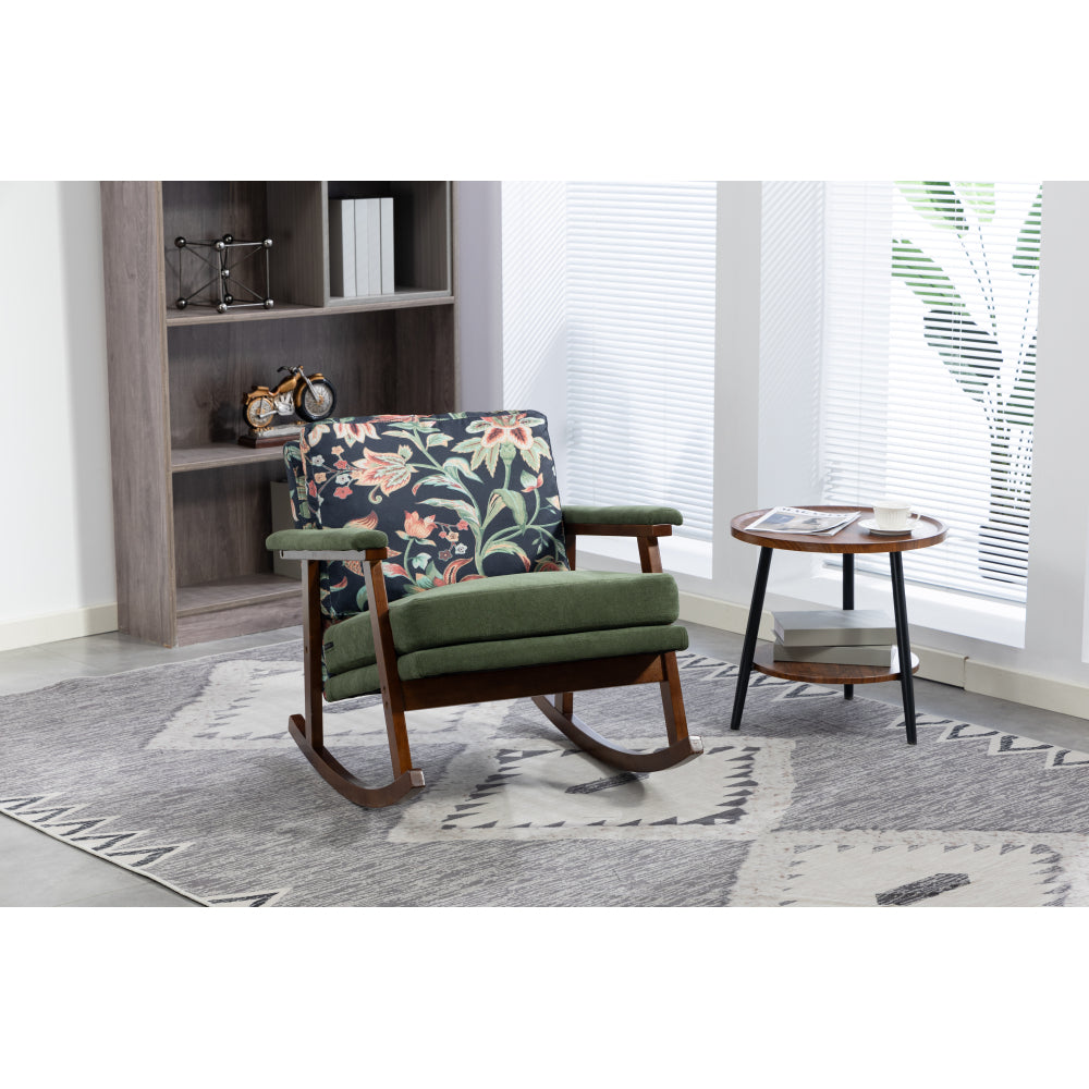 Mid Century Modern Rocking Chair, Upholstered Velvet Accent Armchair with Wood Frame & Lumbar Pillow, Comfy Reading Chair for Living Room, Bedroom, Sunroom, Antique Green