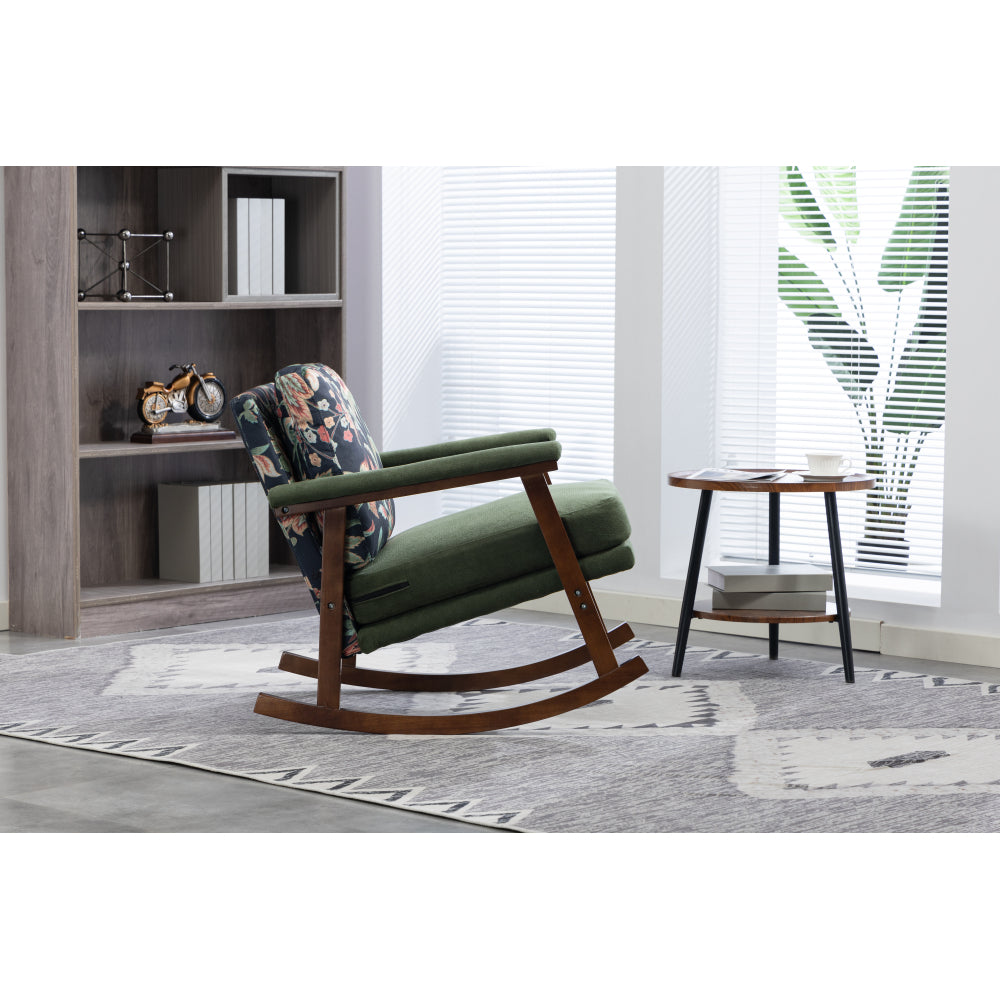 Mid Century Modern Rocking Chair, Upholstered Velvet Accent Armchair with Wood Frame & Lumbar Pillow, Comfy Reading Chair for Living Room, Bedroom, Sunroom, Antique Green