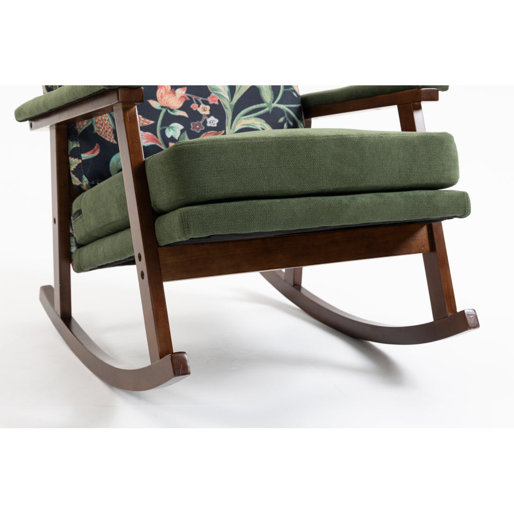 Mid Century Modern Rocking Chair, Upholstered Velvet Accent Armchair with Wood Frame & Lumbar Pillow, Comfy Reading Chair for Living Room, Bedroom, Sunroom, Antique Green