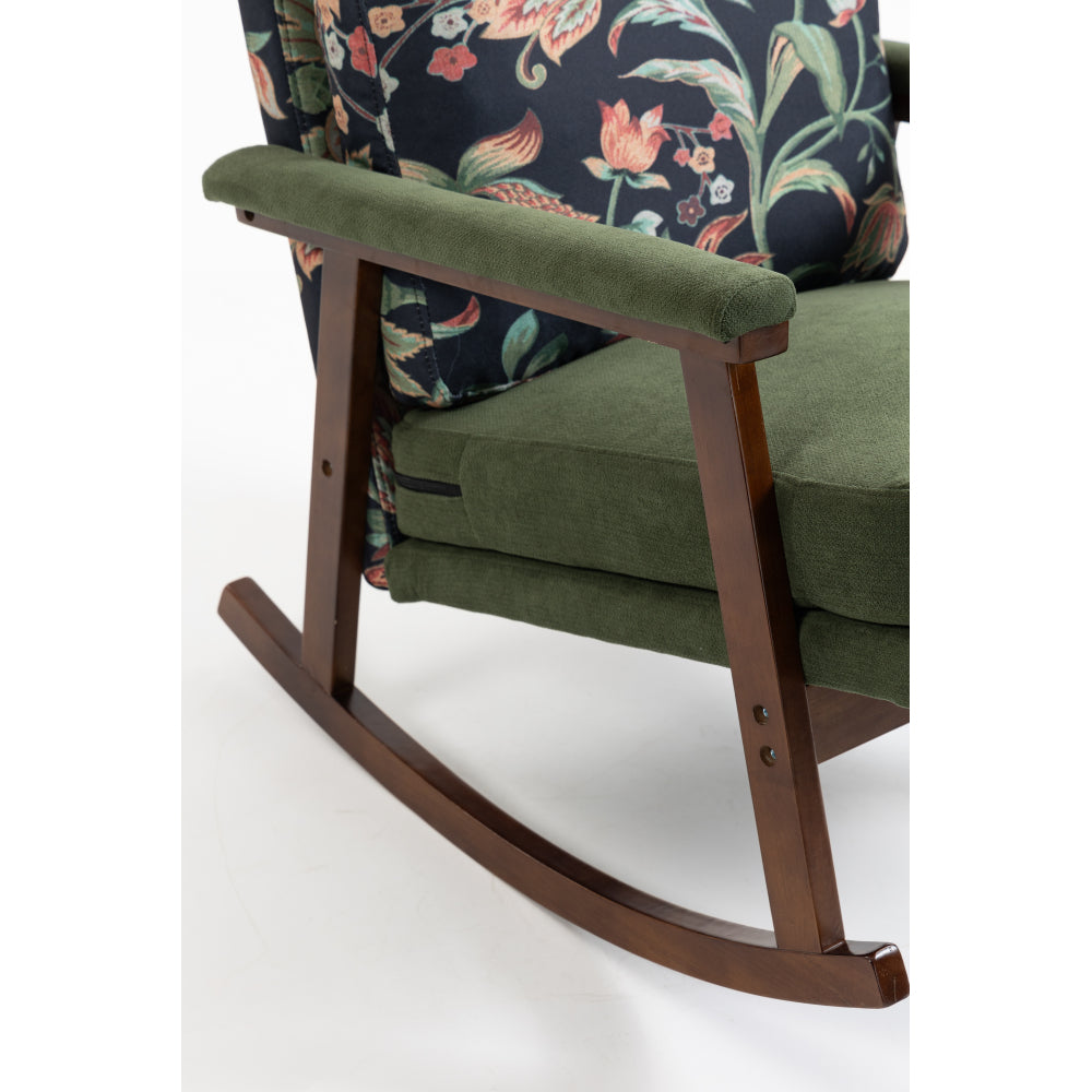 Mid Century Modern Rocking Chair, Upholstered Velvet Accent Armchair with Wood Frame & Lumbar Pillow, Comfy Reading Chair for Living Room, Bedroom, Sunroom, Antique Green