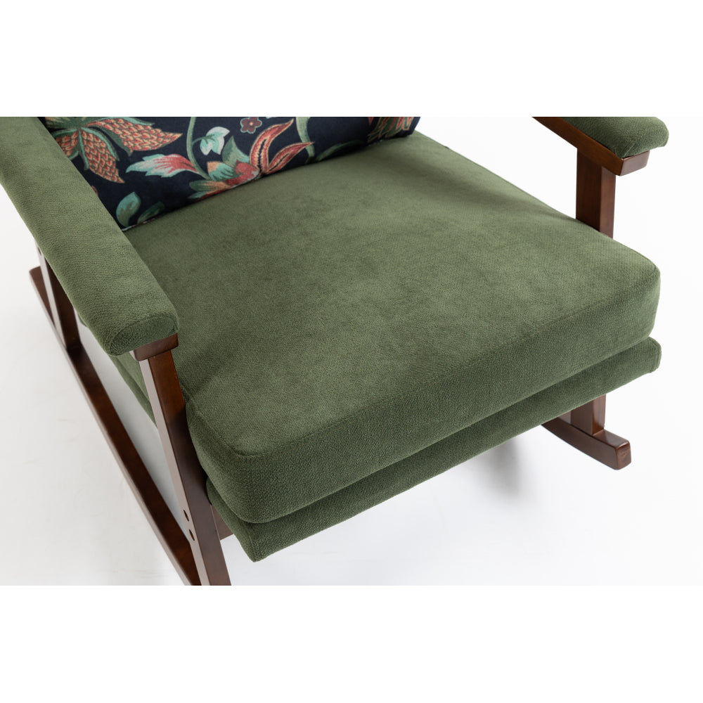 Mid Century Modern Rocking Chair, Upholstered Velvet Accent Armchair with Wood Frame & Lumbar Pillow, Comfy Reading Chair for Living Room, Bedroom, Sunroom, Antique Green
