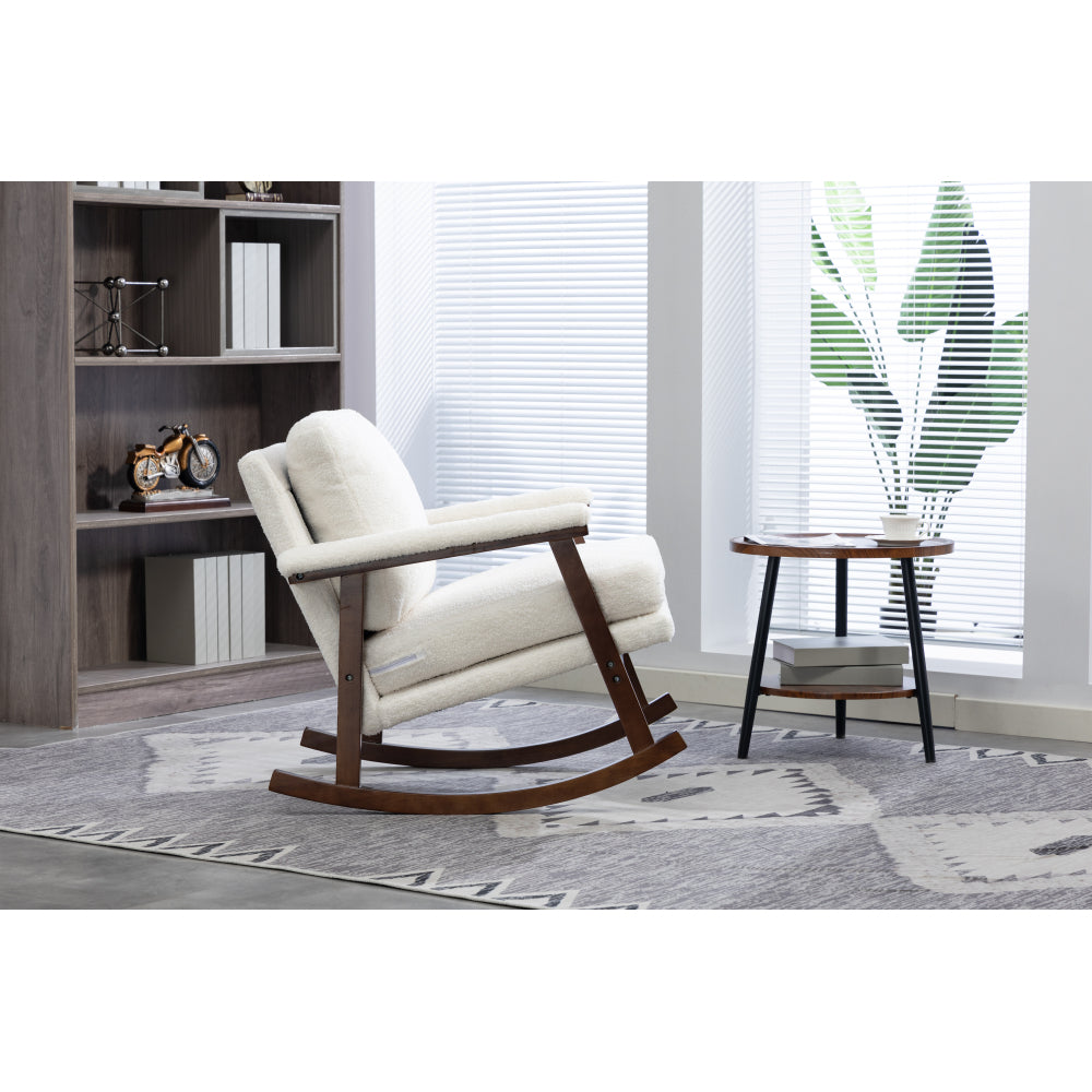 Mid Century Modern Accent Rocking Chair with Wood Frame, Upholstered Velvet Living Room Armchair, High Back Reading Chair for Bedroom, Sunroom & Nursery, Antique White